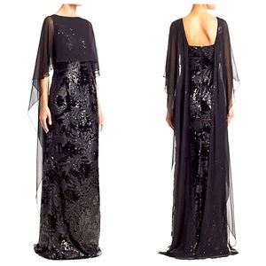 NWOT Rickie Freeman Teri Jon Black Chiffon Caplet Overlay Sequin dress